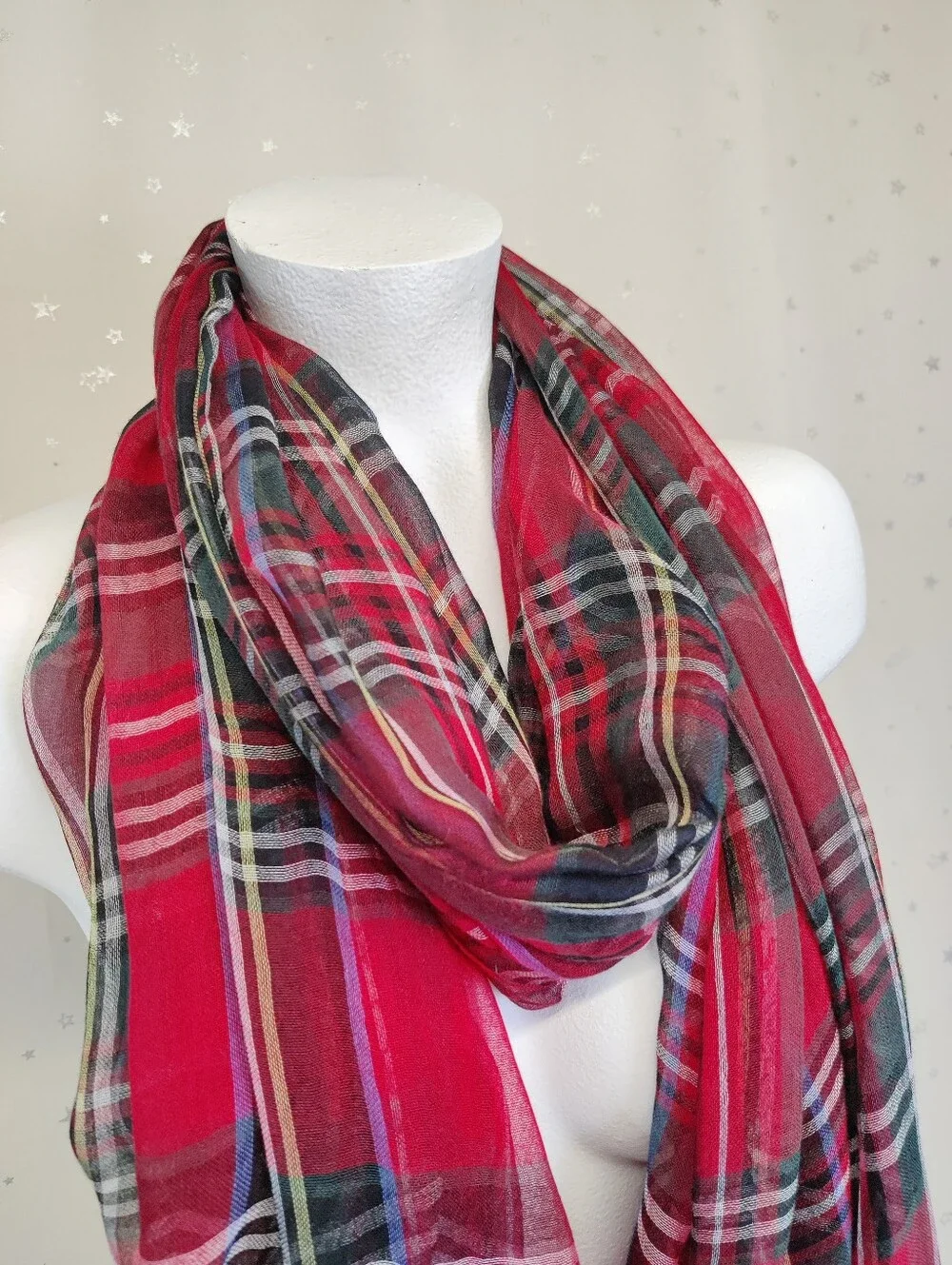 Naturally Knotty 100% Modal Oversized Plaid Scarf Wrap Red 45x86 Light & Gauzy